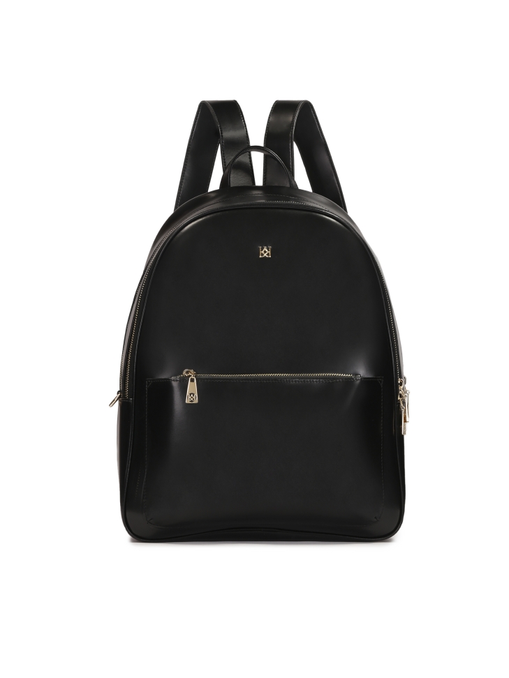 Black leather backpack with front pocket