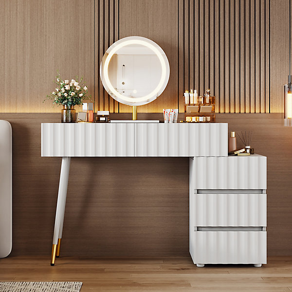 Coiffeuse avec Miroir LED et 5 Tiroirs, Espace de Rangement pour Cosmétiques, 100x40x127 cm, Blanc
