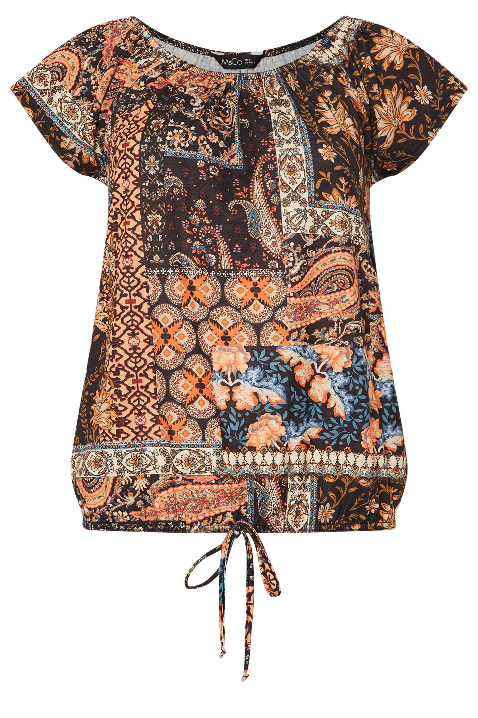 M&Co Mixed Print Tie Front Top