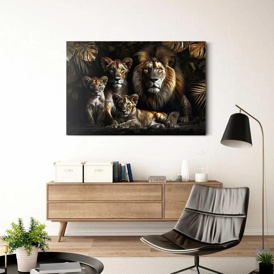 Glasschilderij Lion Family - 78 x 116 - Geel