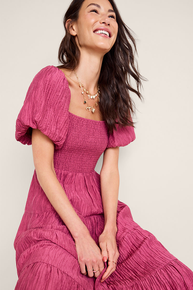 Stacey Puff Sleeve Smocked Rose Midi Dress