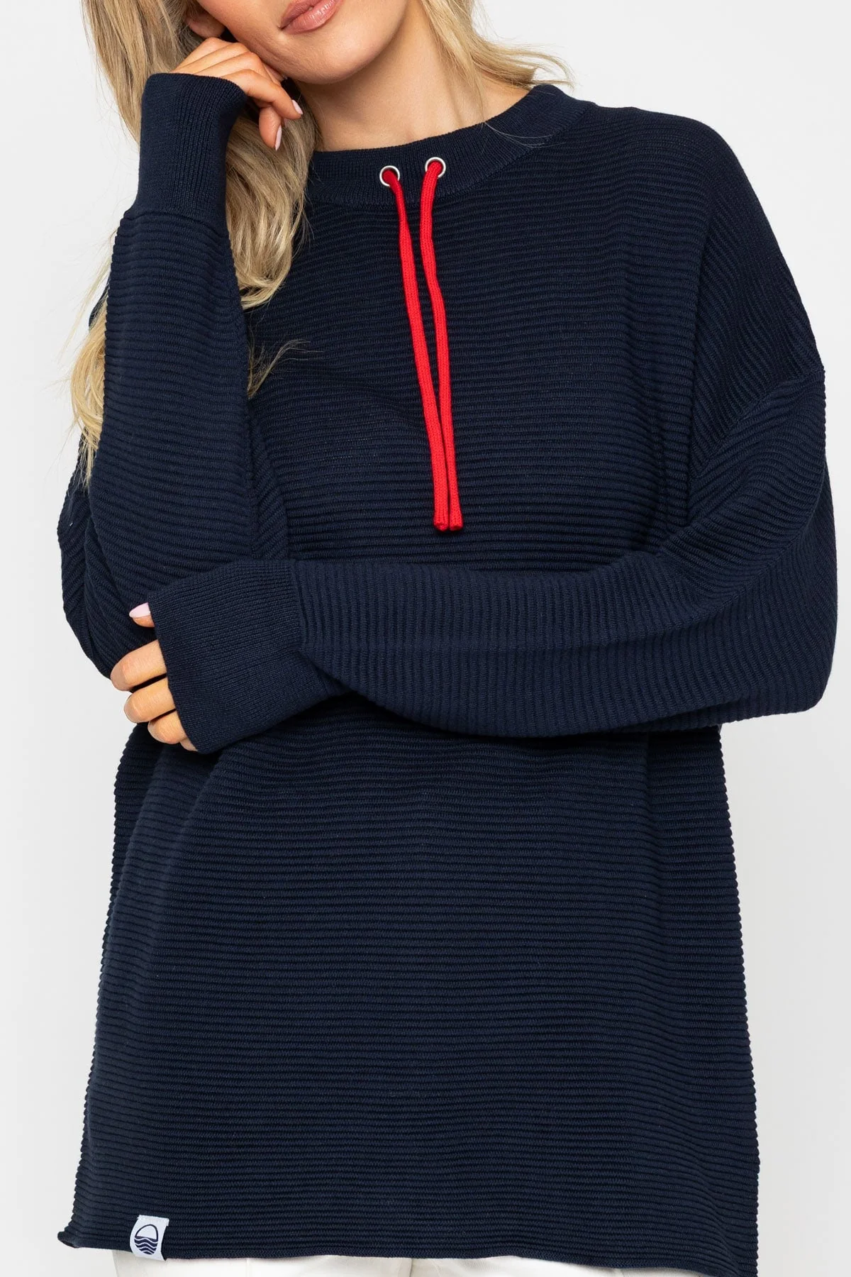 Navy Rib Sweater With Contrast Neck Ties