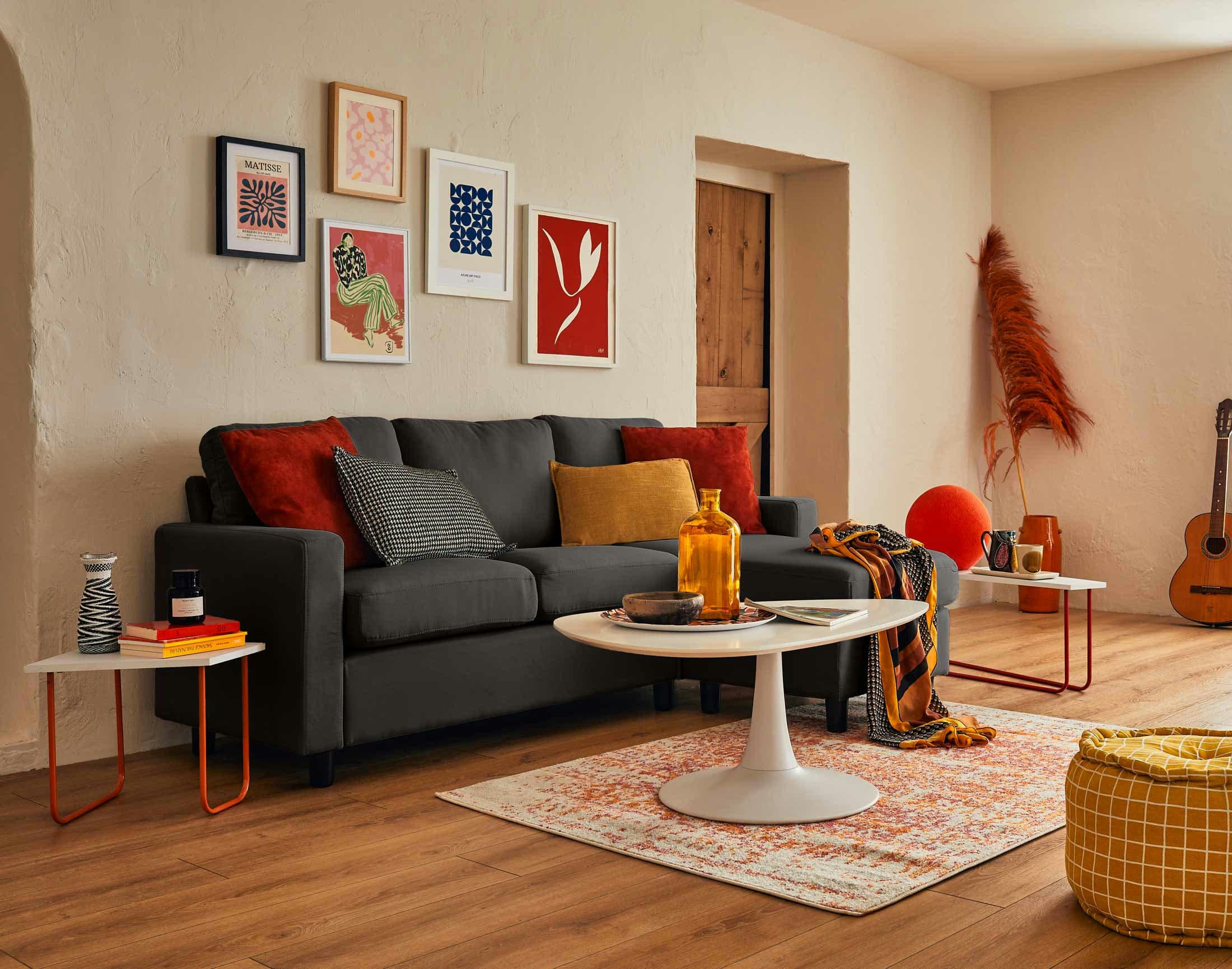 VIANON - Canapé d'angle réversible 4 places en tissu gris foncé