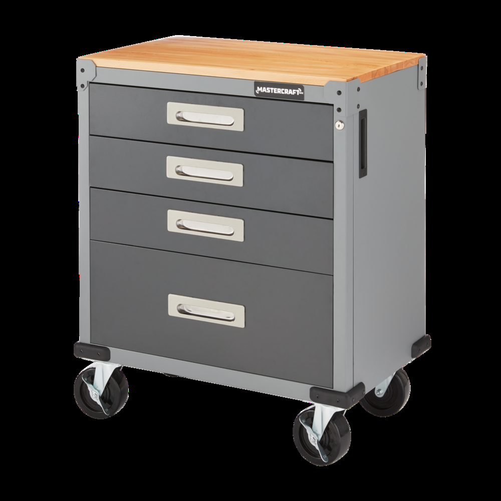 Mastercraft 4-Drawer Wooden Top Base Cabinet with Wheels, Grey Series, 34.5 x 28 x 18-in