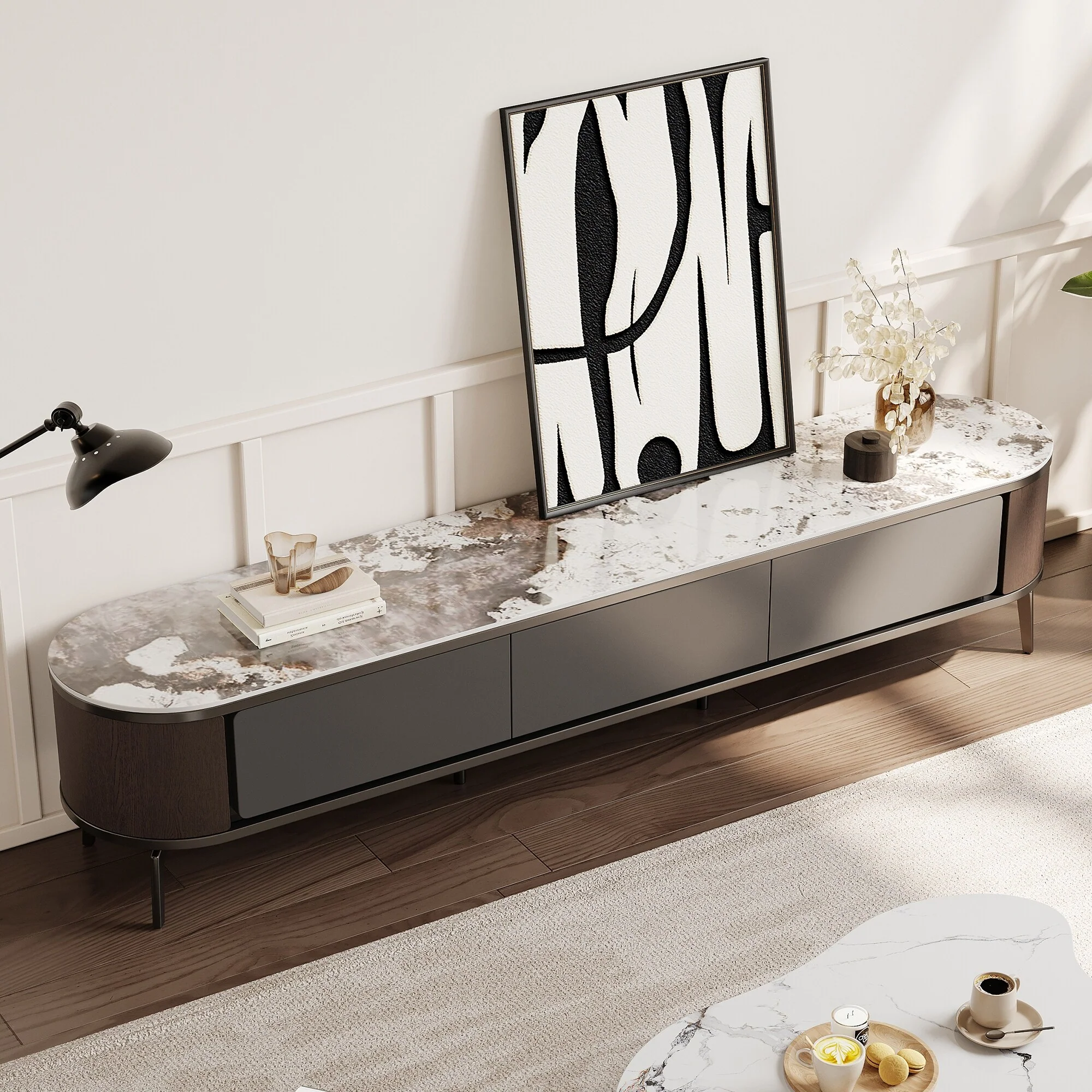 79“ Modern Gray TV Stands with 3 drawers,Glossy Sintered Stone Table top Media Consoler with Legs, Not Assembled need