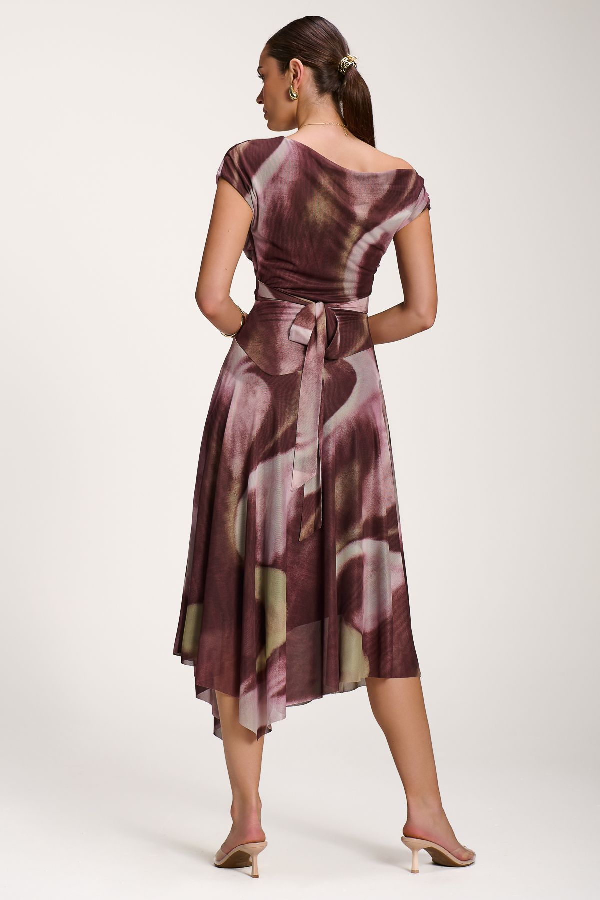 Jolie Moi Asymmetric Draped Mesh Dress