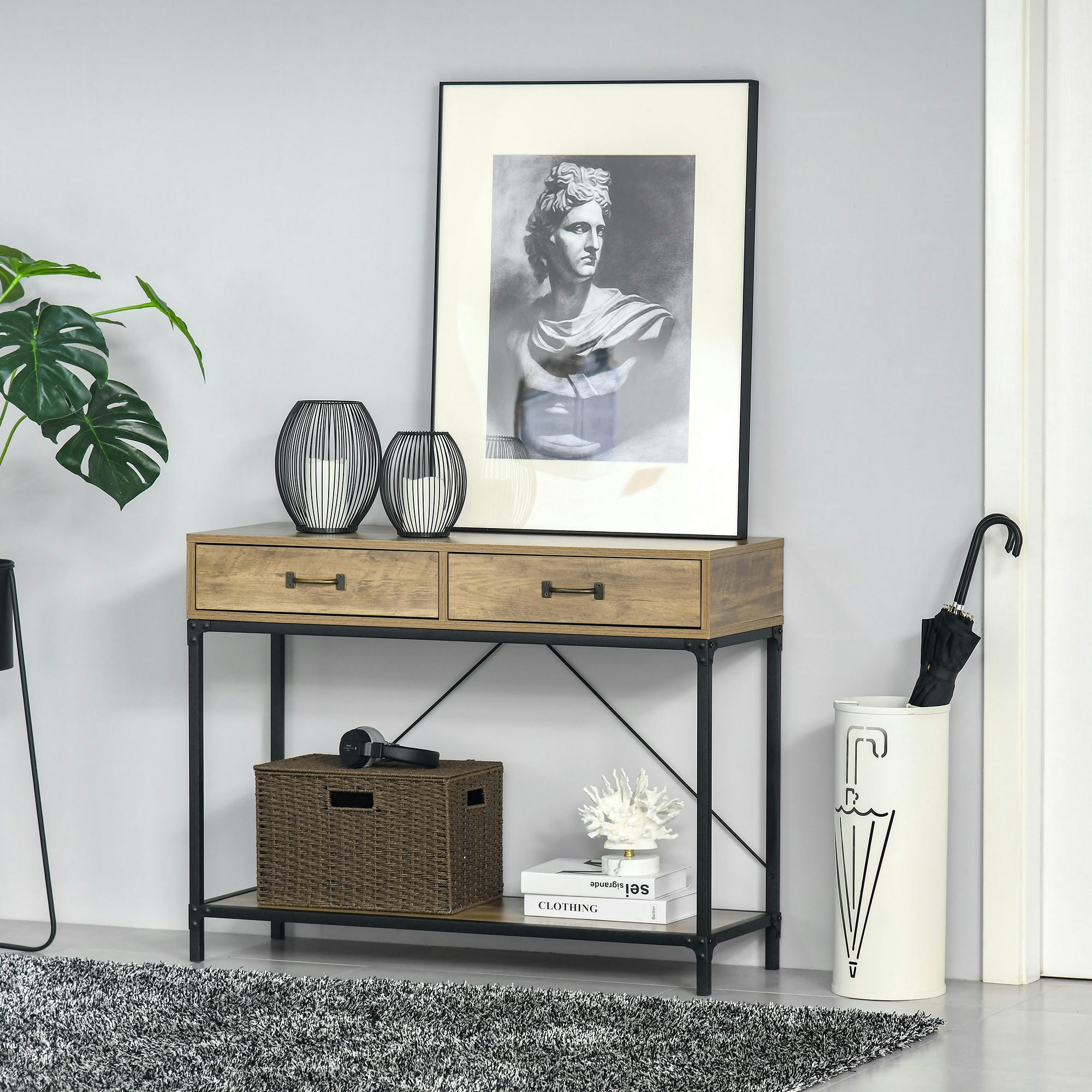 - Console style industriel 2 tiroirs étagère métal noir aspect bois
