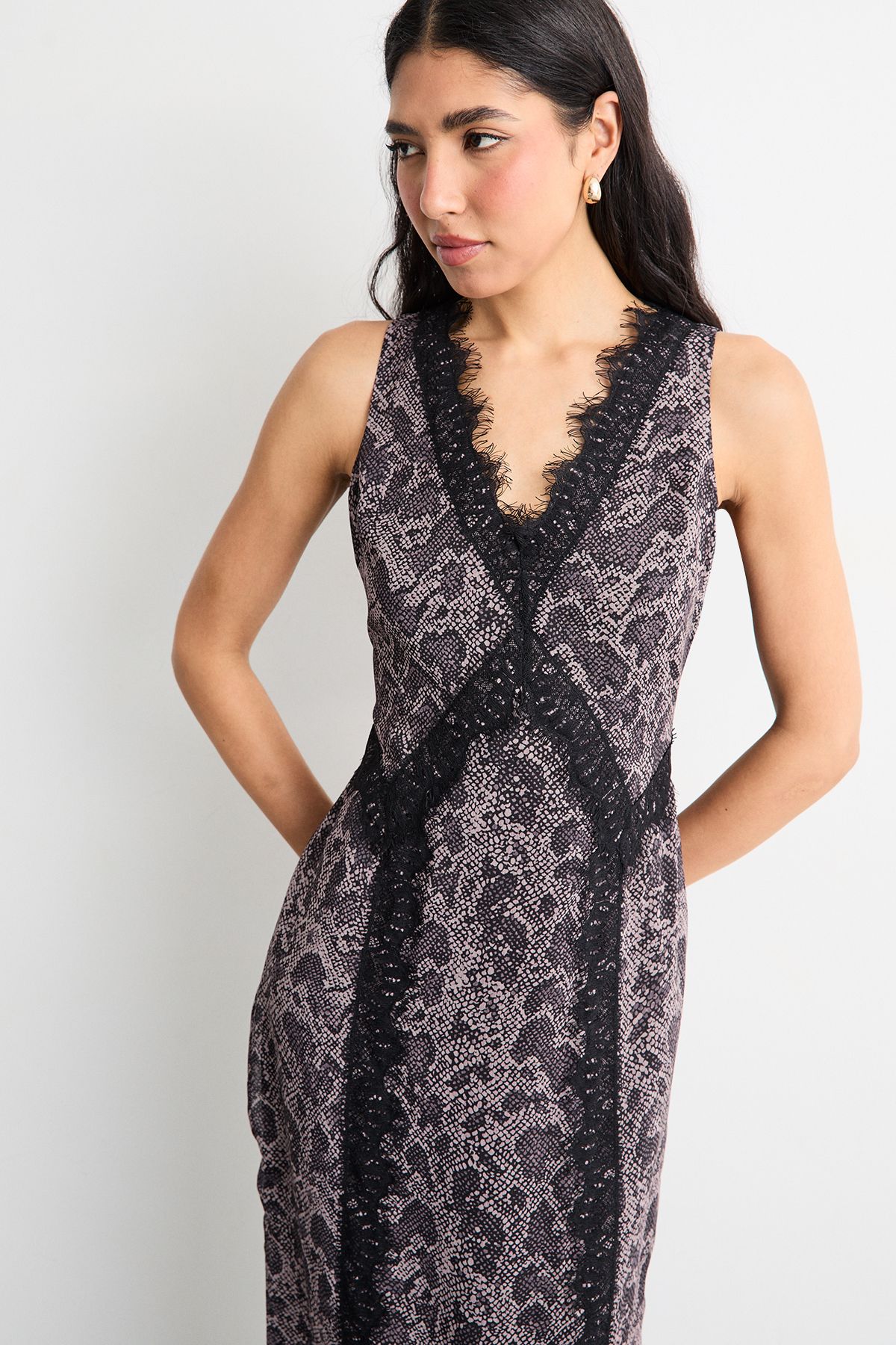 Warehouse Chiffon Printed Dress With Lace