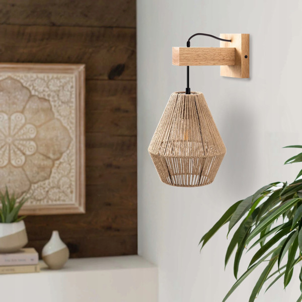 Kinkiet Lampa Ścienna Drewno Boho Sznurek Jutowy