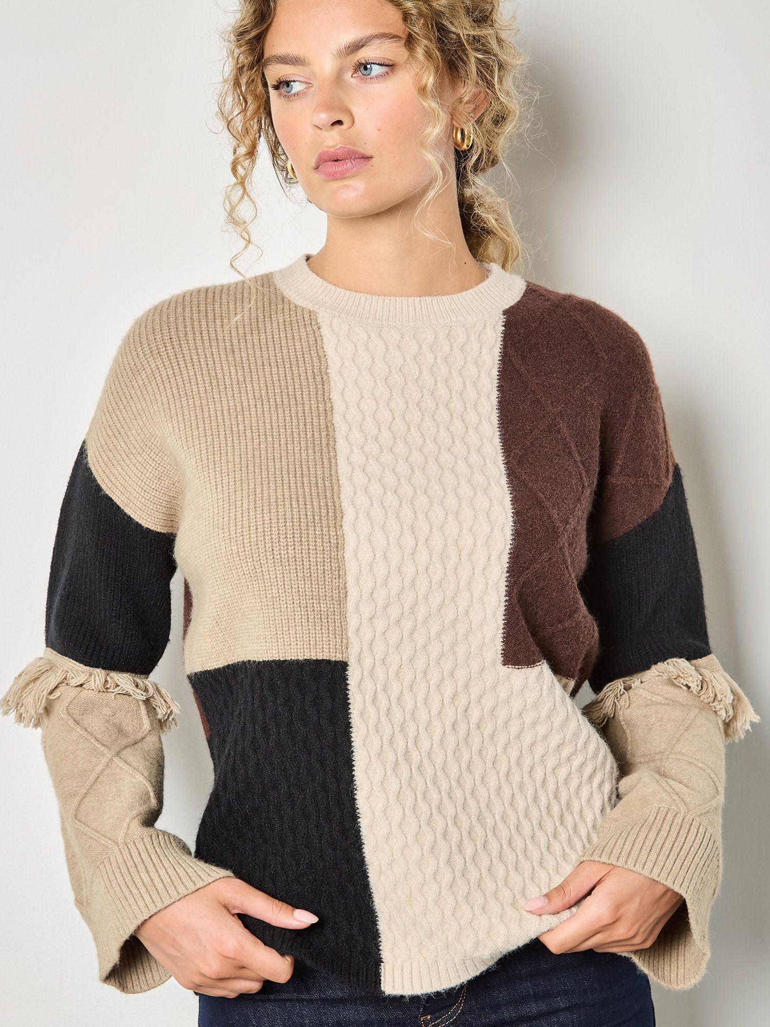 Apricot Mixed Cable Knit Patchwork Jumper