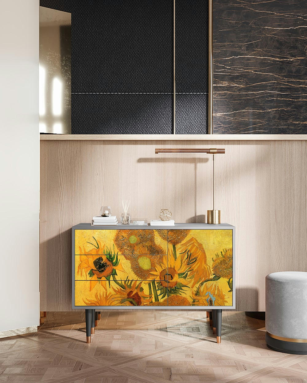 SUNFLOWERS BY VINCENT VAN GOGH - Buffet  jaune 3 tiroirs et 1 porte L 115 cm
