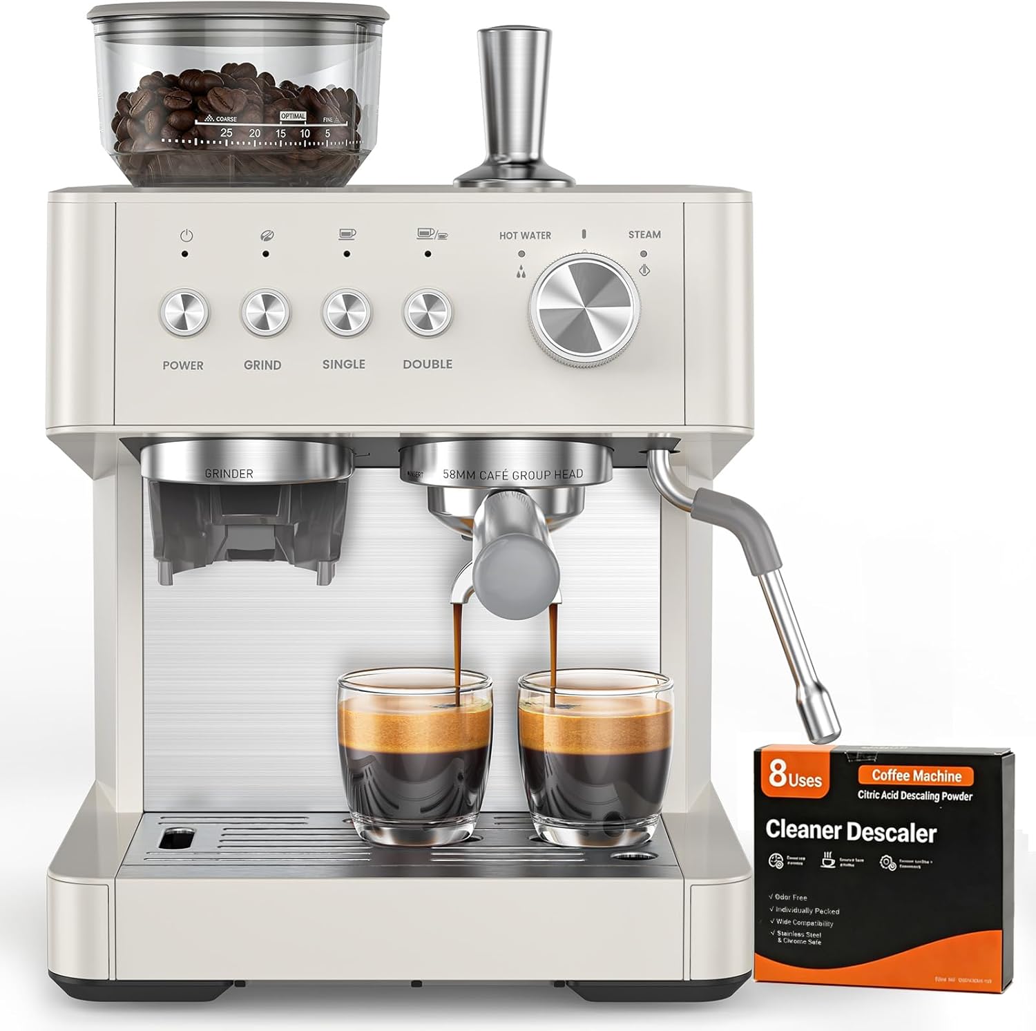 (2026 Upgrade) Espresso Machine with Grinder, 15 Bar Expresso Coffee Machines, Professional Coffee Maker for Latte&Cappuccino with Milk Frother, Expresso Machines for Home Descaling Kit Included White