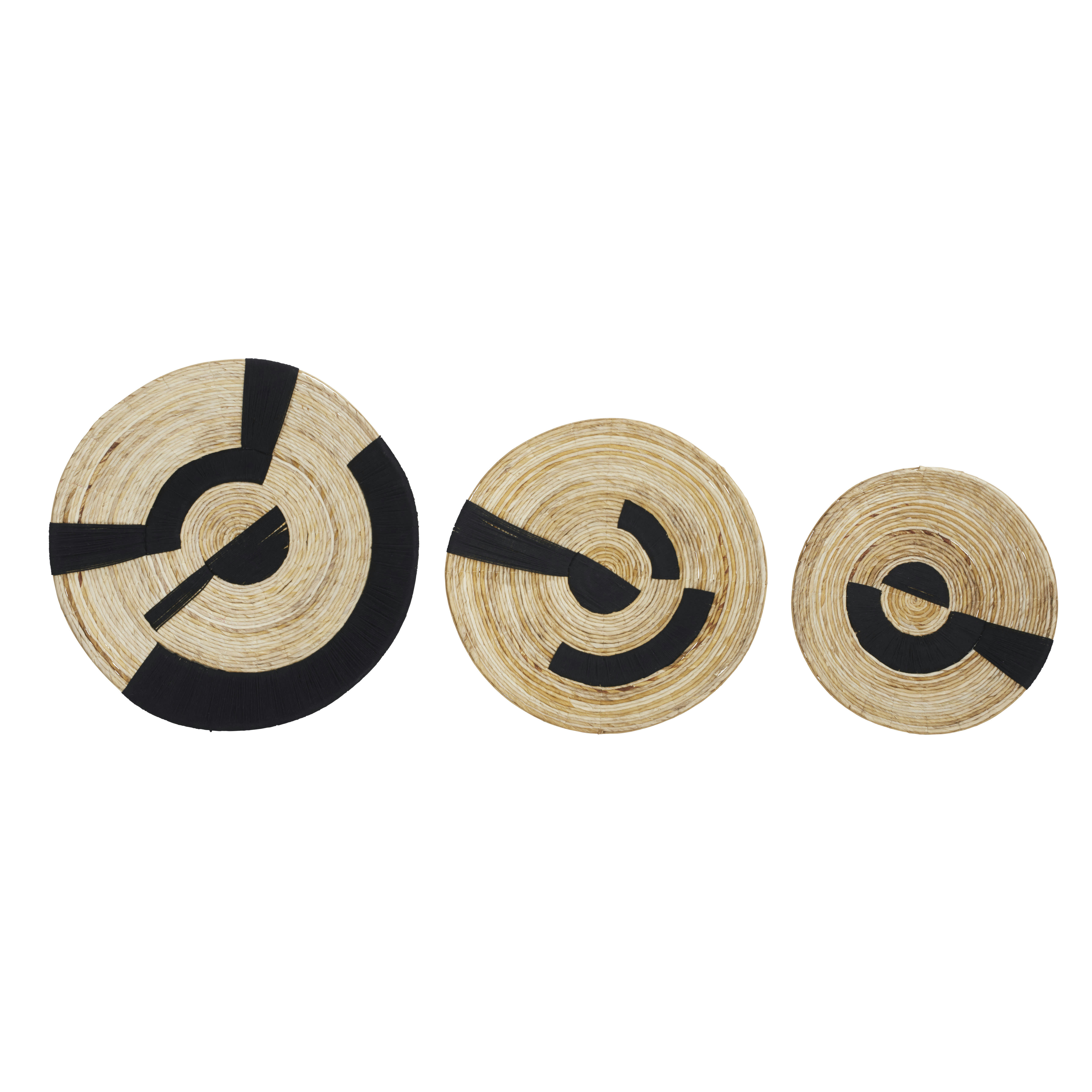 FARA - Déco murales assiettes en fibre végétale noire et beige (x3) 70x70