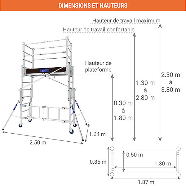Echafaudage roulant pliant - Hauteur max. de travail 3.80m - 22407420/MKT