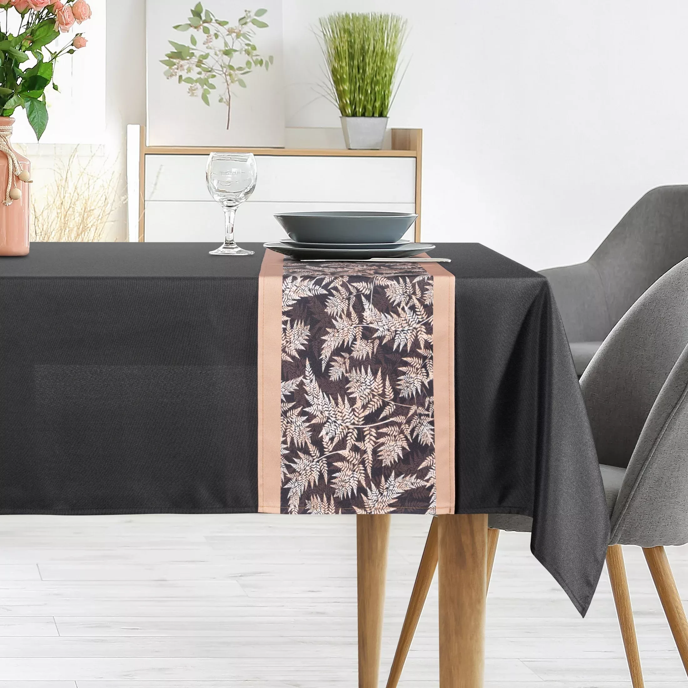 Komplet obrus z bieżnikiem czarno, beżowy 140x220 cm ANITA 1 zdobiony subtelnym wzorem roślinnym