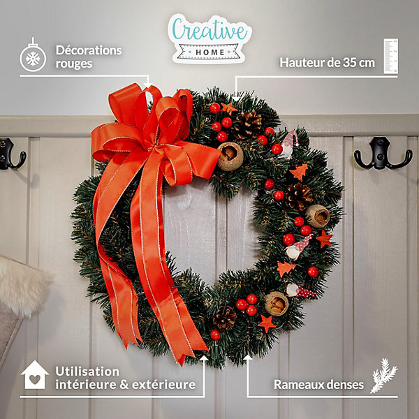 Creative Home Couronne de Noël Rouge - Diamètre 35 cm - Decoration Noel Exterieur - Couronne de Noel Porte - Décoration Noel