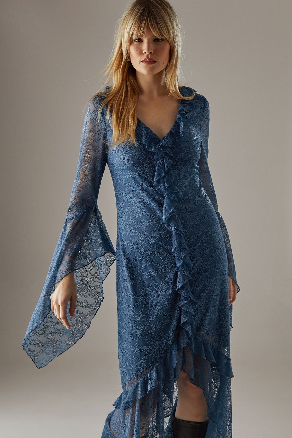 Warehouse Lace Button Through Ruffle Maxi Dress