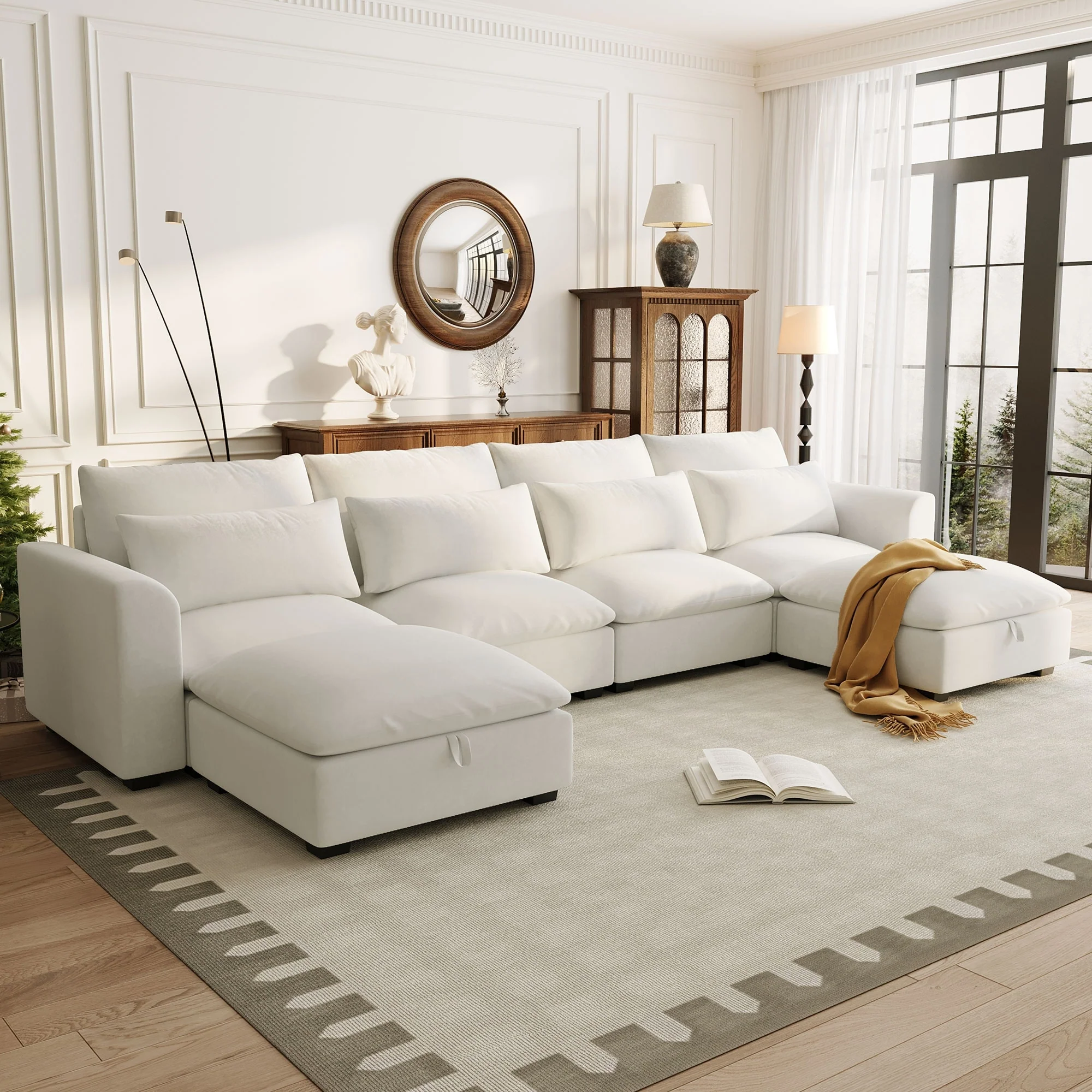 132.3 Linen Blend U-Shaped Sectional Sofa with Ottomans & Storage
