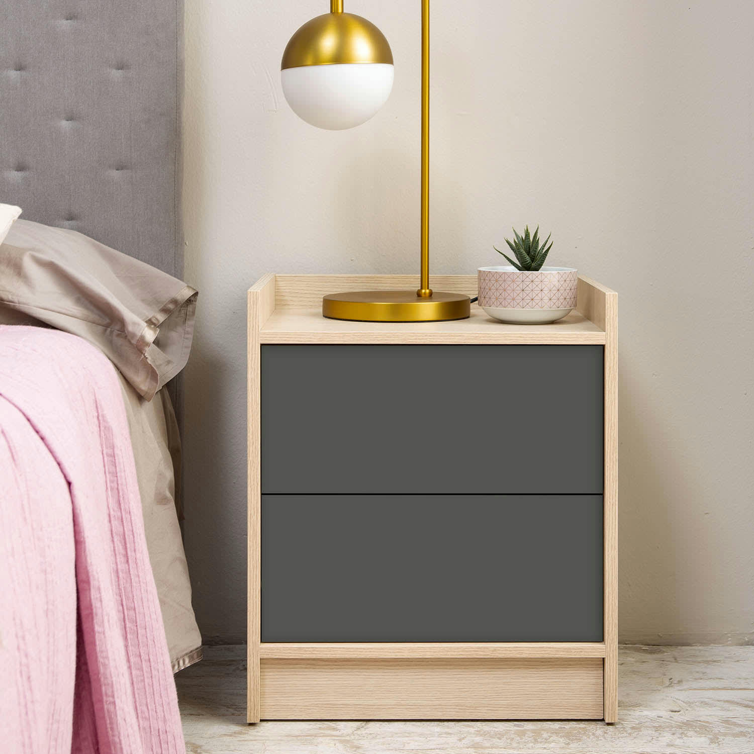 MOSCU - Table de chevet de 2 tiroirs, couleur chêne/gris