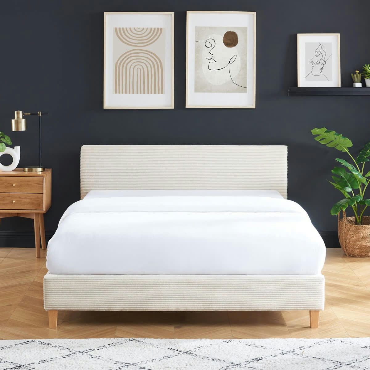 MILO - Lit adulte 160x200 avec tête de lit capitonnée en velours côtelé beige