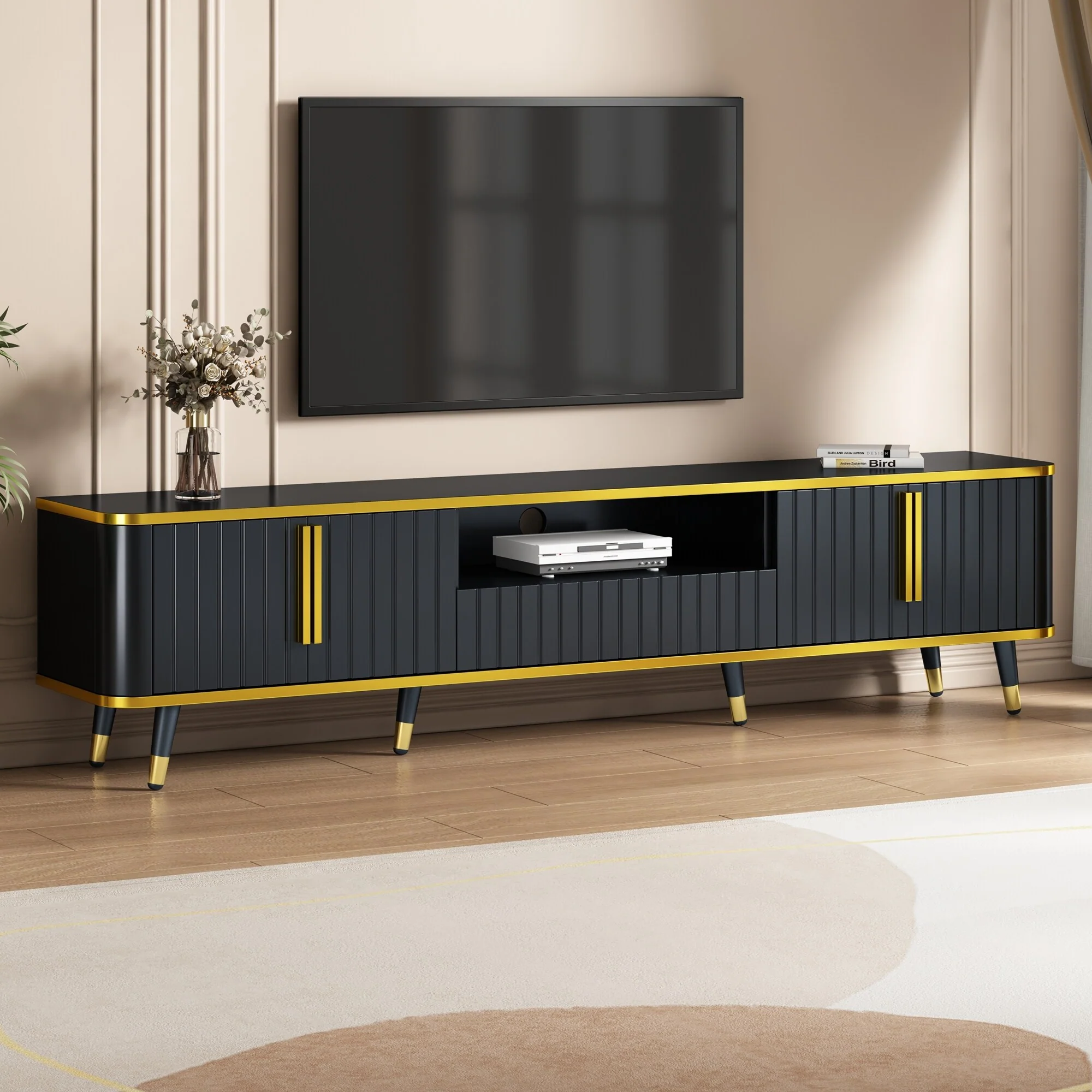 TV Storage Stand with Open Shelf for TVs Up to 85, Entertainment Center TV Console with Golden Legs, Metal Handle