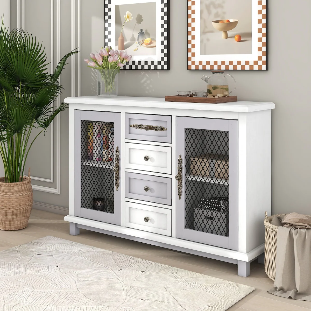 Retro Style Cabinet with 4 Drawers of the Same Size and 2 Iron Mesh Doors for Living Room and Entryway