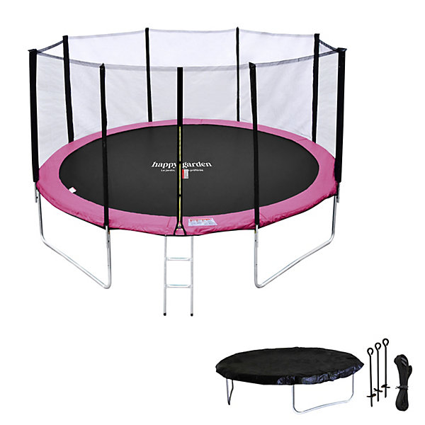 Pack Premium Trampoline 370cm réversible gris / rose PERTH   filet, échelle, bâche et kit d'ancrage - HAPPY GARDEN