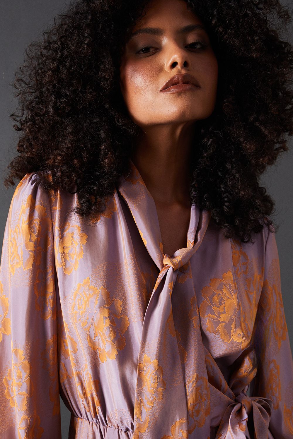 Warehouse Satin Rose Jacquard Tie Neck Flippy Mini Dress