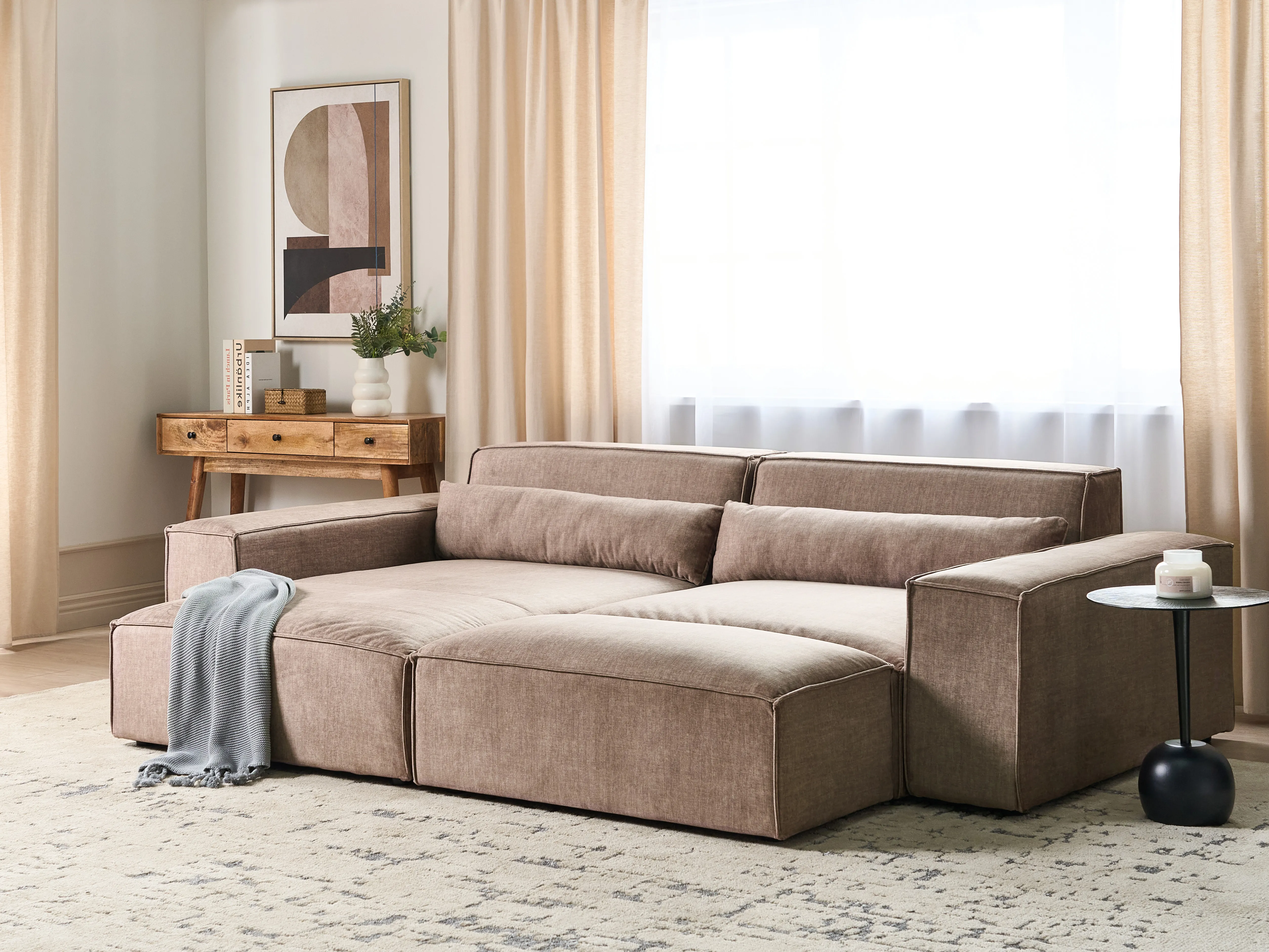 Modular Corner Sofa 2 Seater HELLNAR Fabric Light Brown with Ottoman Right Hand