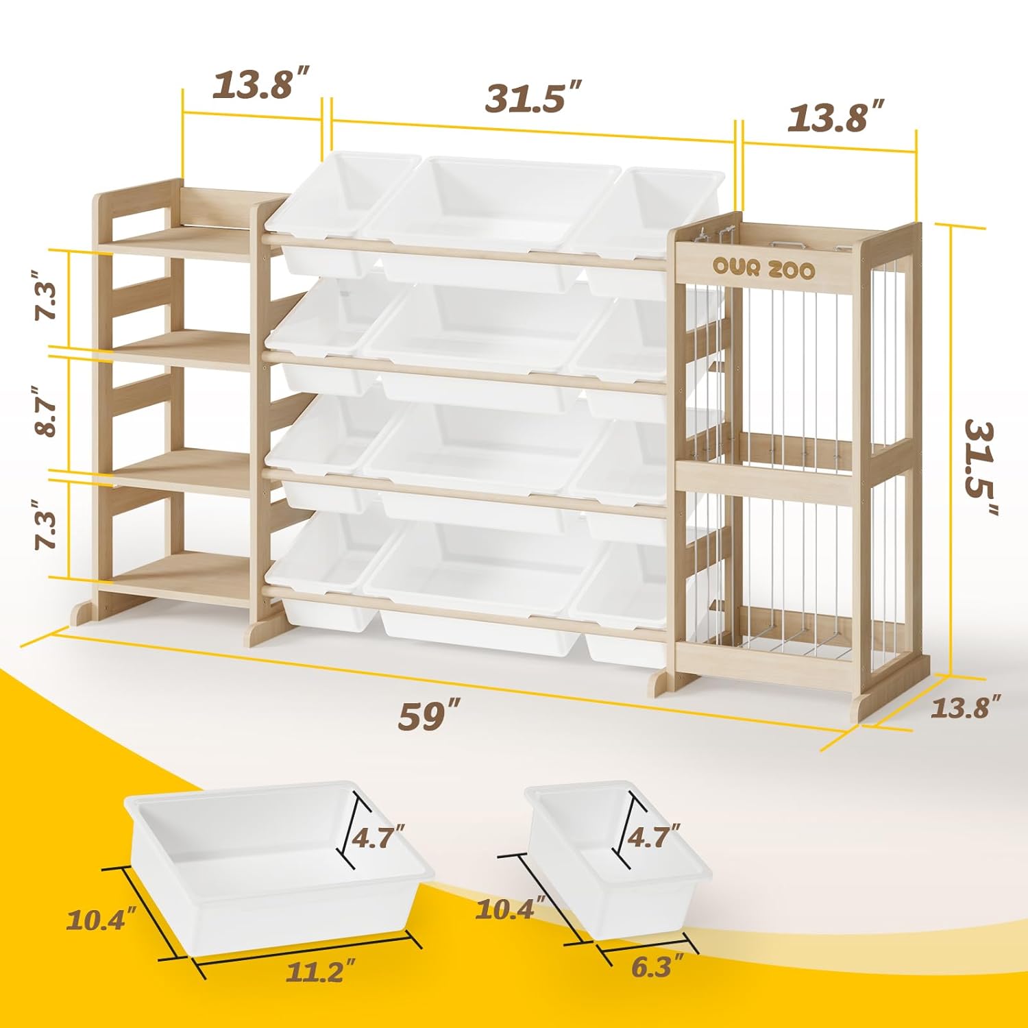 Large Kids Toy Storage Organizer - Toy Organizers and Storage with Stuffed Animal Storage, Kids Toy Storage Shelf with 12 Plastic Bins, 4-Tier Bookshelf for Kids Room, Playroom, Bedroom, 59 inch