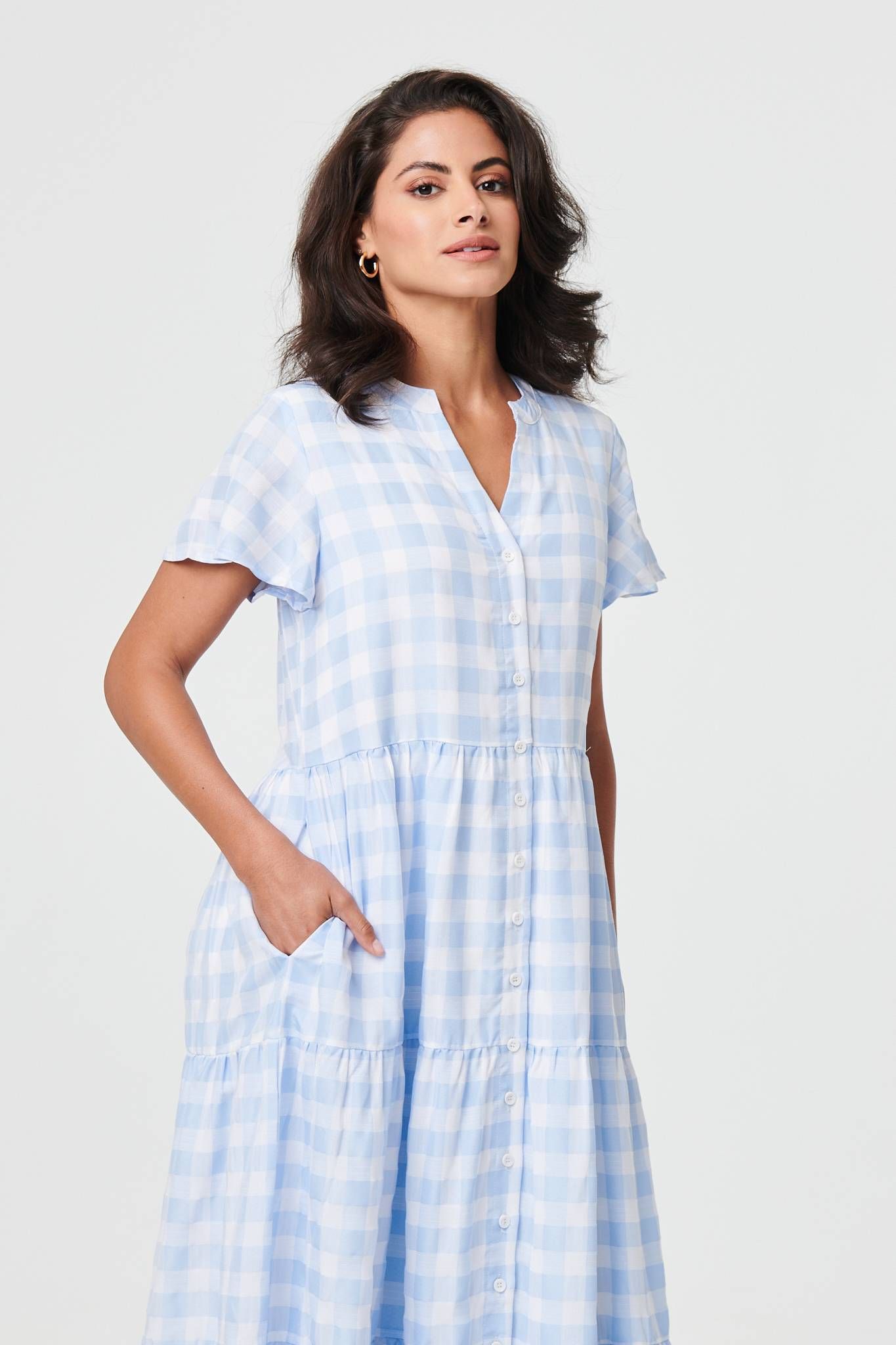 Izabel London Checked Short Sleeve Tiered Maxi Dress