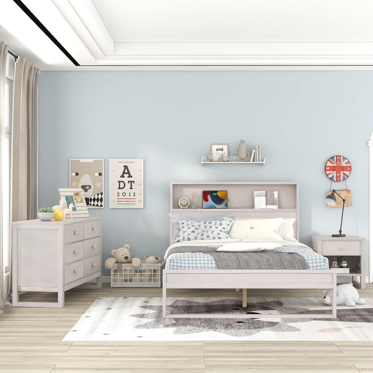 3-Pieces Bedroom Sets Full Size Platform Bed with Nightstand and Dresser,Antique White