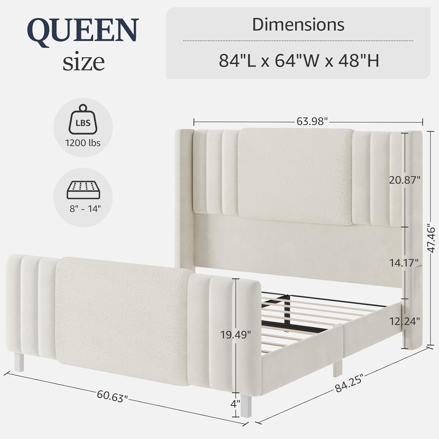 Queen Upholstered Bed Frame with Headboard and Footboard, Boucle and Velvet Bed Frame with LED Lights, Modern Platform Bed Frame, Noiseless, Easy Assembly, White