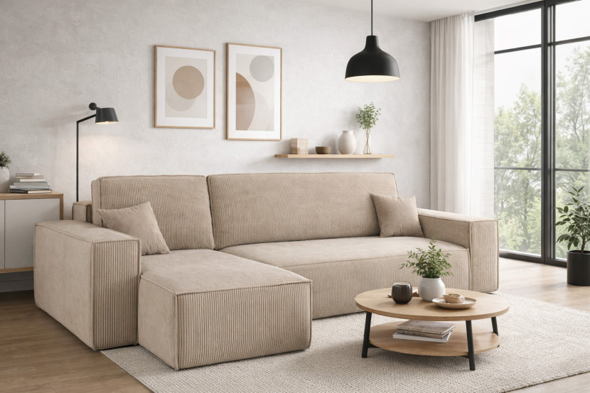 Sofa w kształcie L BEST narożnik, tkanina Poso, Ciemnobeżowy Lewostronny