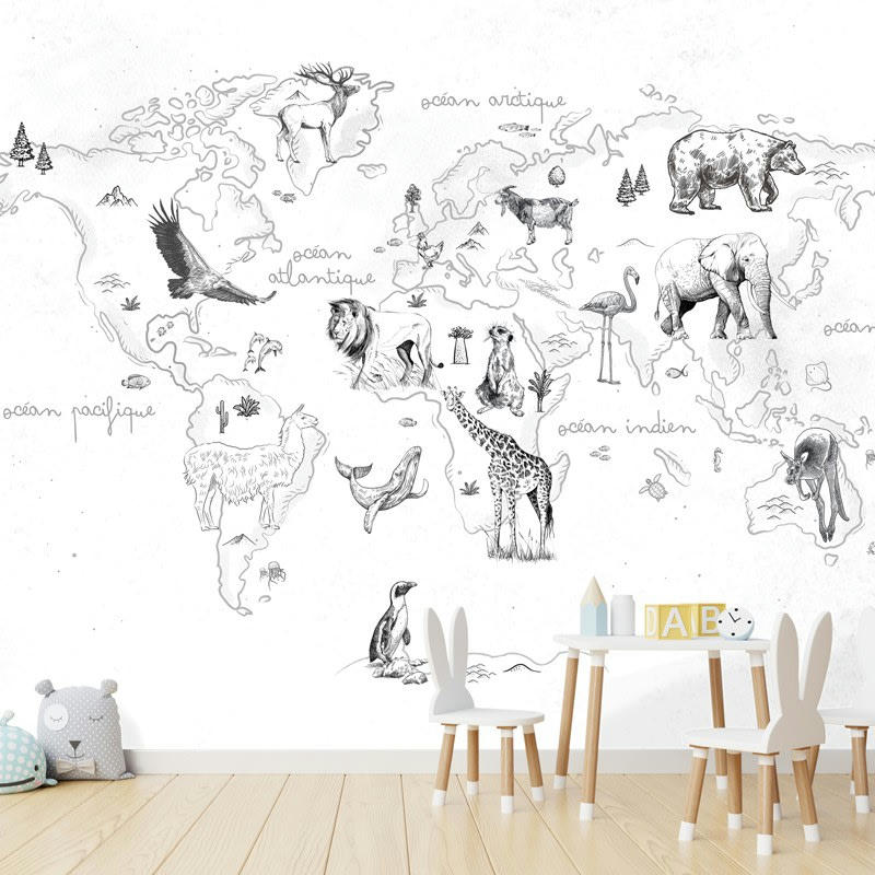 NOTRE TERRE - Papier Peint Panoramique L336xH270cm Blanc Planisphère