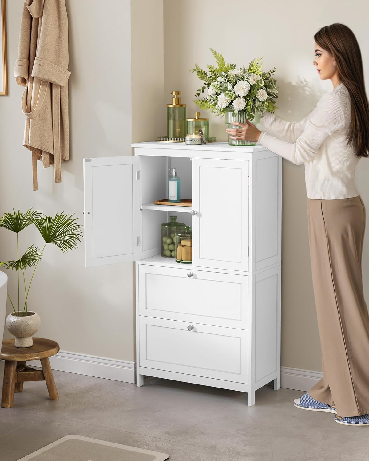 VASAGLE Bathroom Floor Storage Cabinet, Bathroom Storage Unit, Freestanding Cabinet with 2 Drawers and 2 Doors, Adjustable Shelf, 11.8 x 23.6 x 43.3 Inches, White UBBC551WH01S