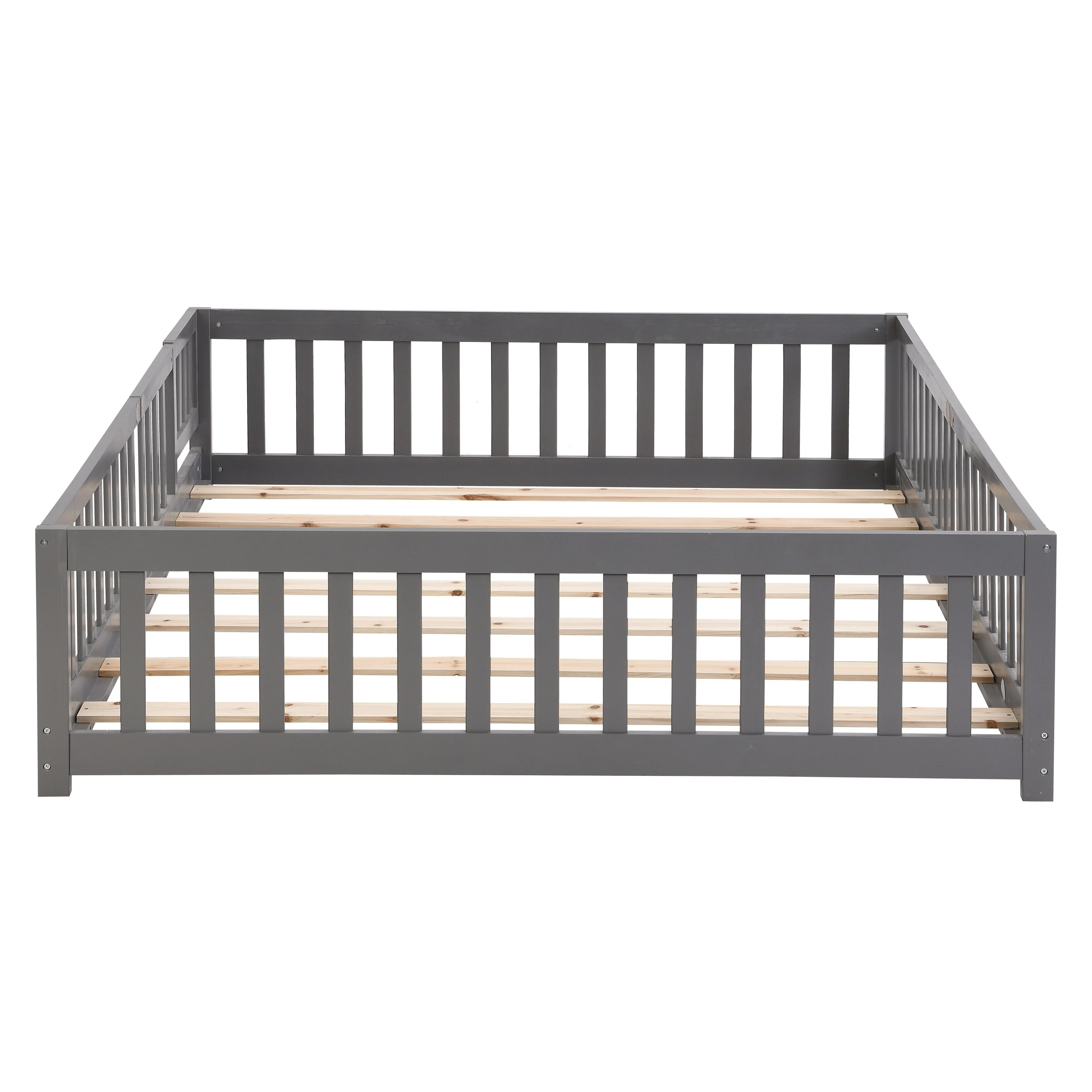 Twin Size Wood Floor Bed with Door and Fence for Kids' Rooms
