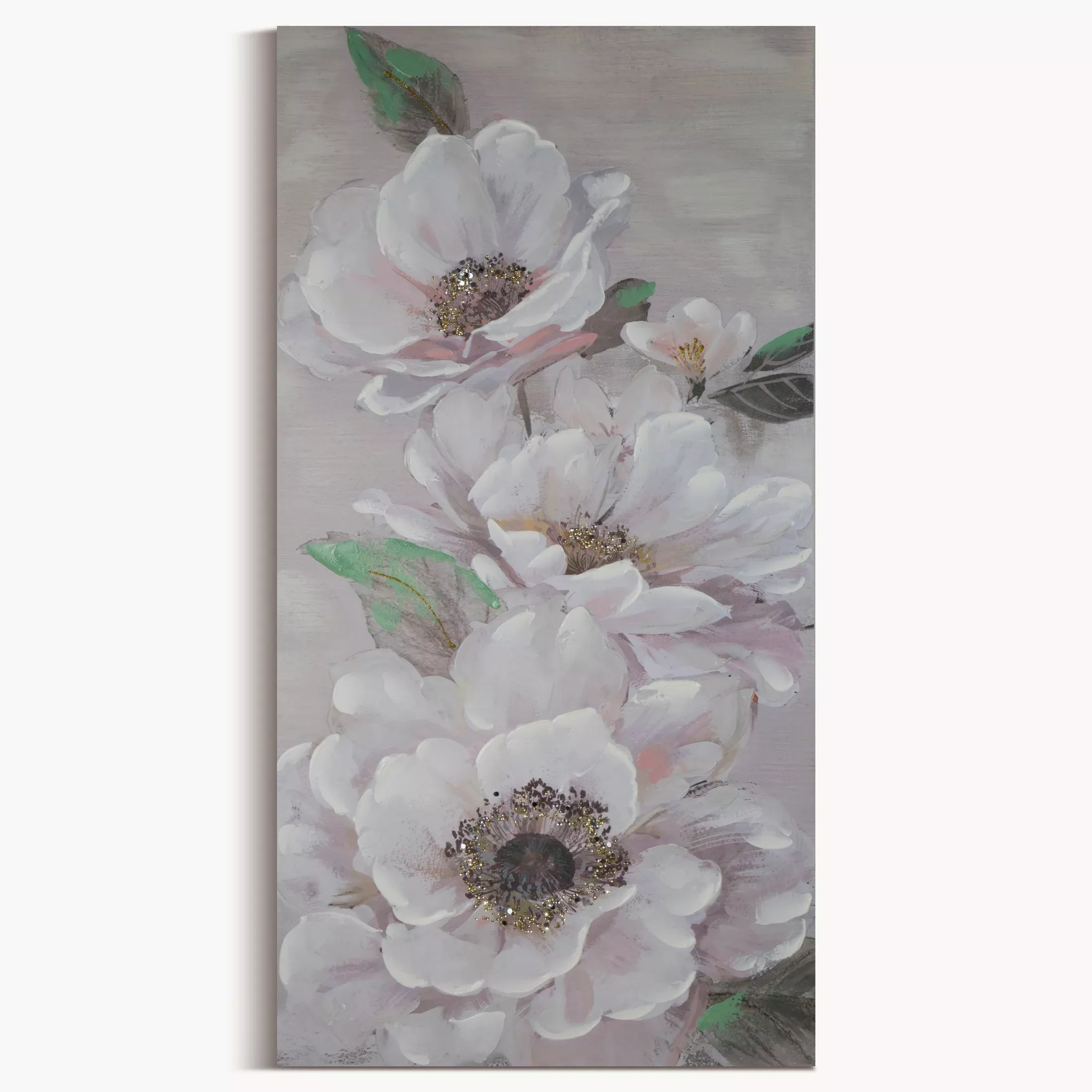 Obraz roślinny beżowo, zielony ręcznie malowany na płótnie 60x120 cm FLOWERY