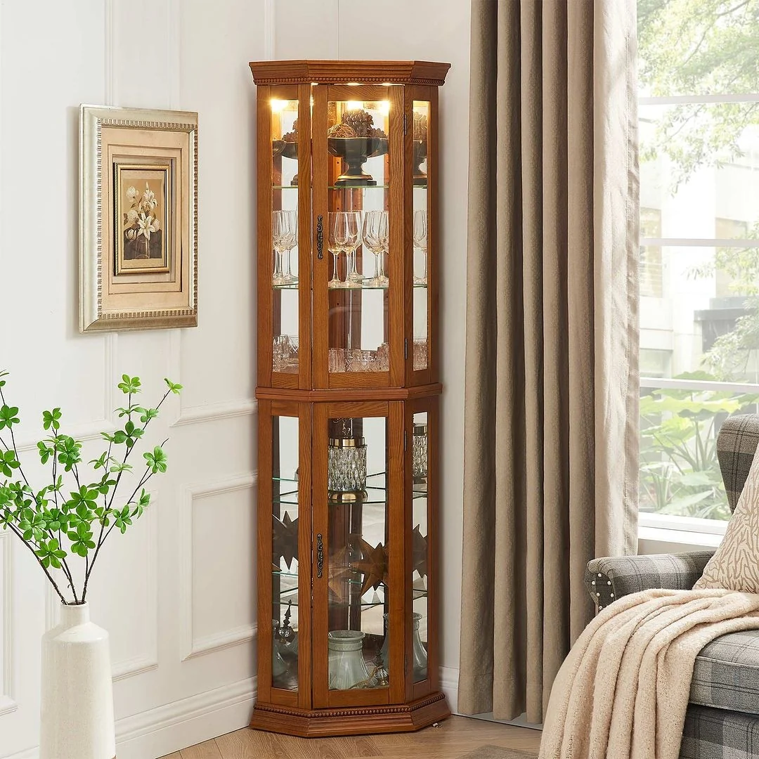 6-Shelf Lighted Corner Curio Display Cabinet with Adjustable Tempered Glass Shelves and Mirrored Back Panel