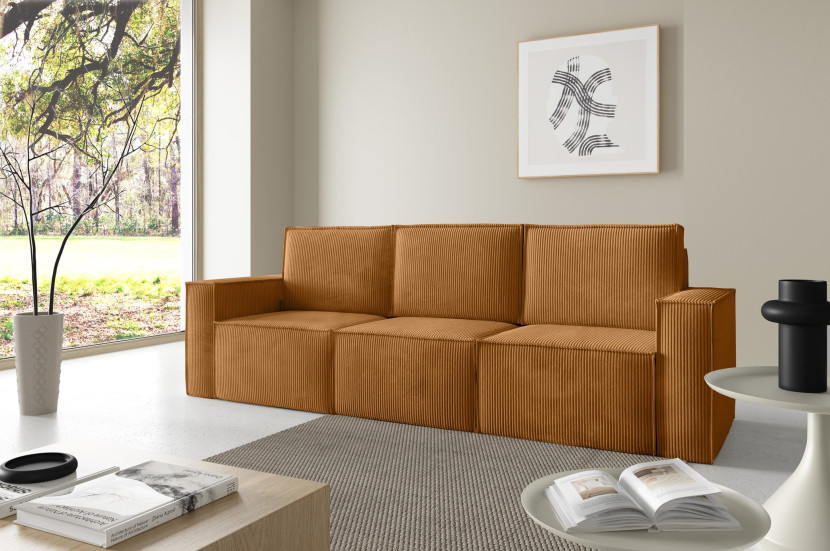 Trzyosobowa sofa sztruksowa ORTO w kolorze Musztardowym