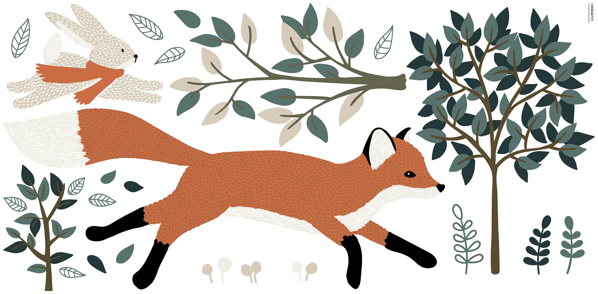 M. FOX - Sticker décor forêt, renard et lapin en Vinyle mat Orange 64x130 cm