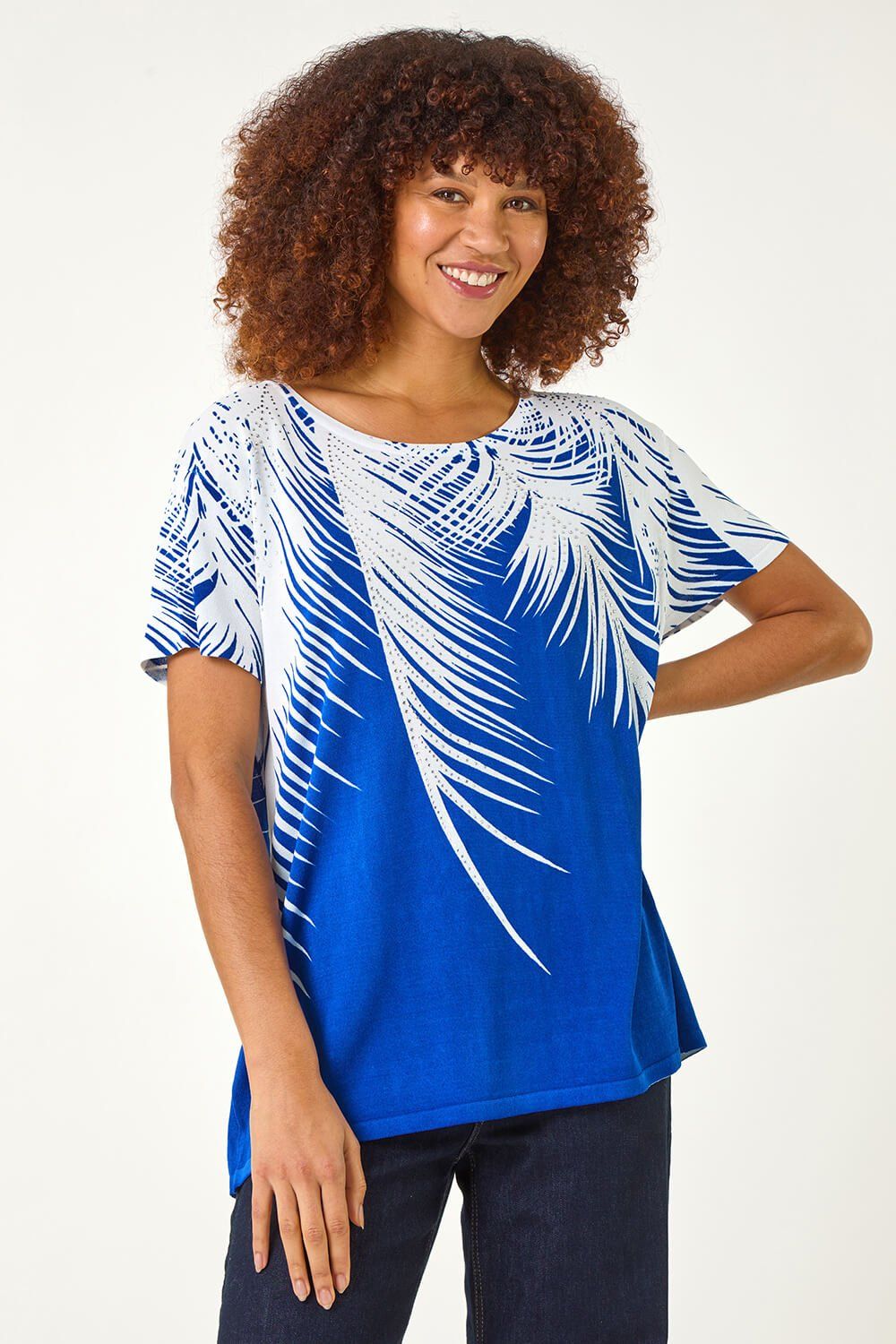 Roman Palm Leaf Print Crew Neck Tee