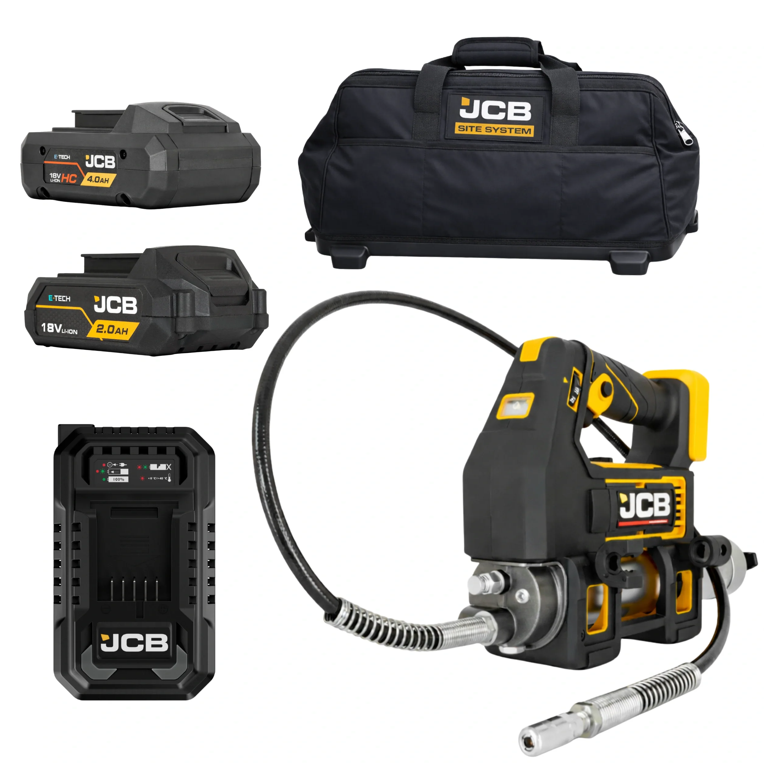 JCB Professional Zestaw Smarownica Akumulatorowa 700 Bar 18V 2,0Ah + 4,0Ah Ładowarka 4,5A Torba