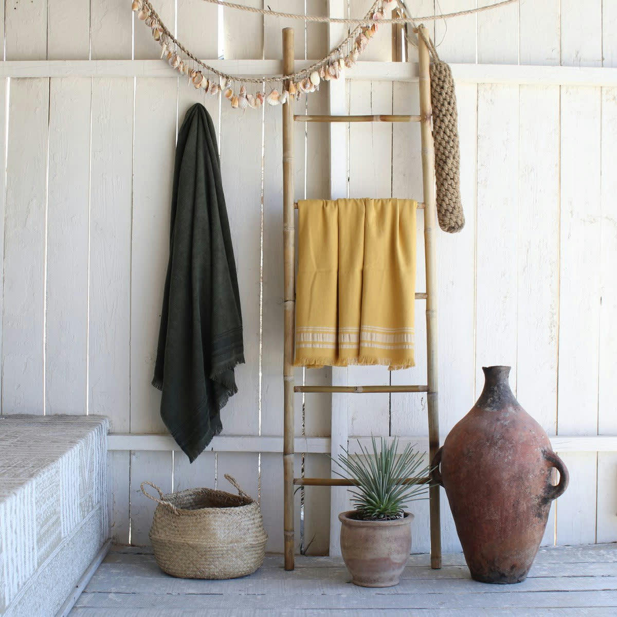 FARO - Fouta éponge coton  100x180 jaune moutarde / grège