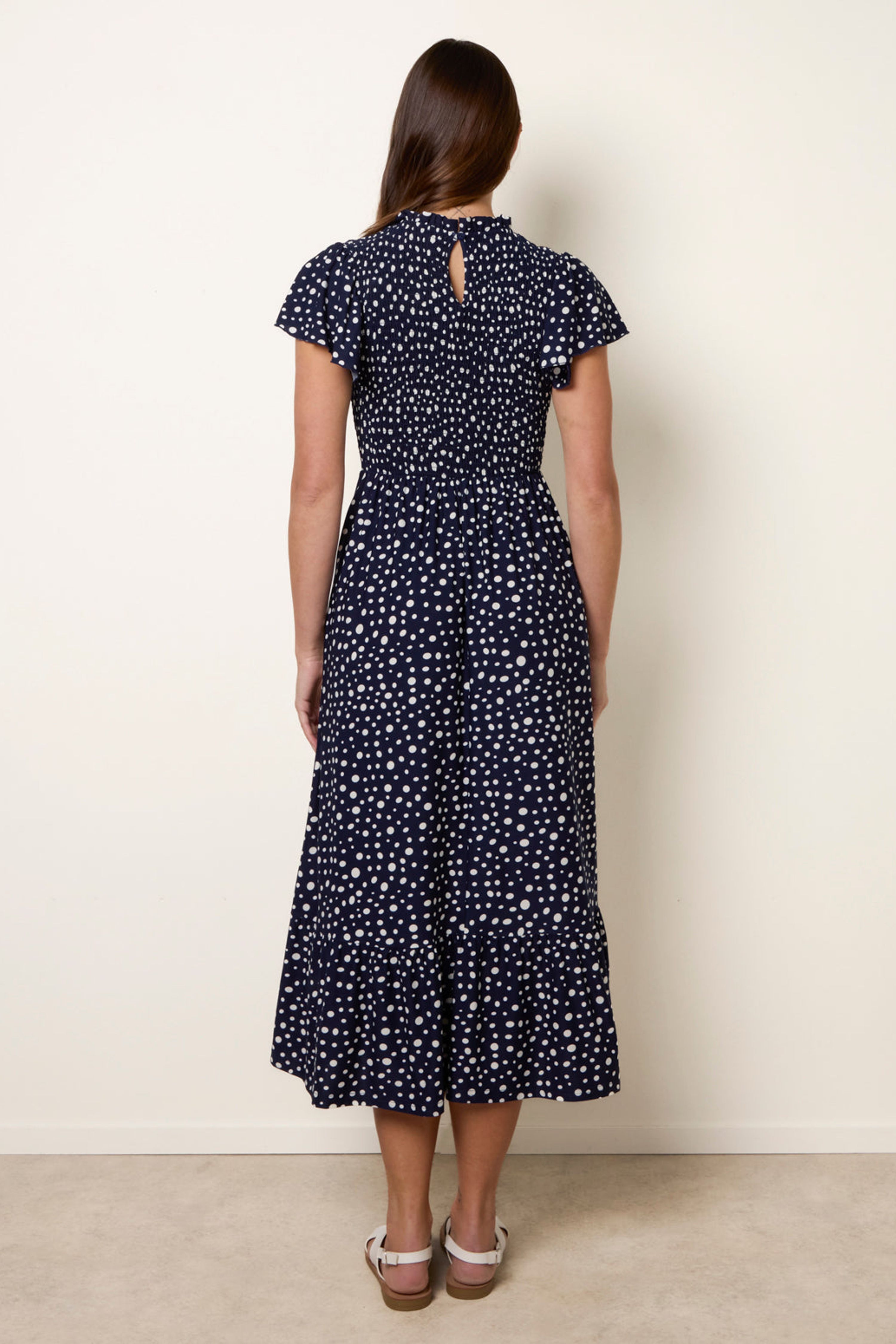 Blue Vanilla Navy Polka Dot Shirred Frill Neck Midi Dress