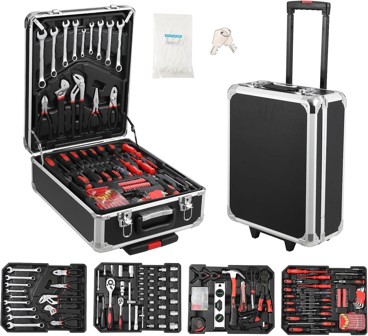 800 PCS Home Tool Set with Rolling Tool Box, Professional Mechanic Repair Kit, General Household Hand Tool Set with Aluminum Trolley Case for Homeowner, DIY