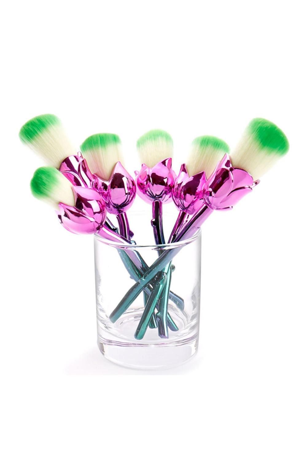 AQUARIUS 6pcs Rose Makeup Brush Set Pink Blue Flower Sculpted Handle Cosmetic Tool Kit