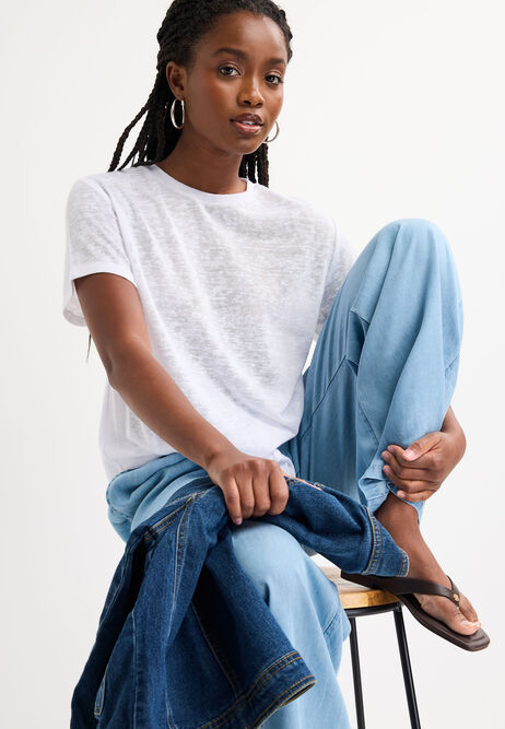 Womens White Slub Front Knot T-Shirt