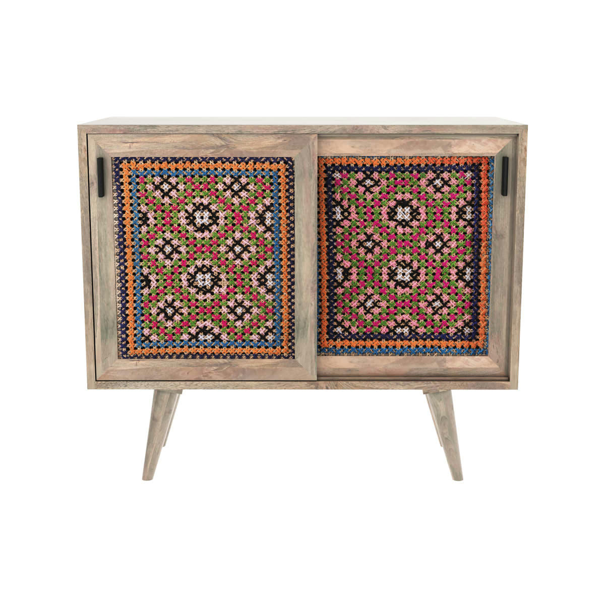 MASSAÏ - Commode 2 portes coulissantes en manguier et cannage coloré