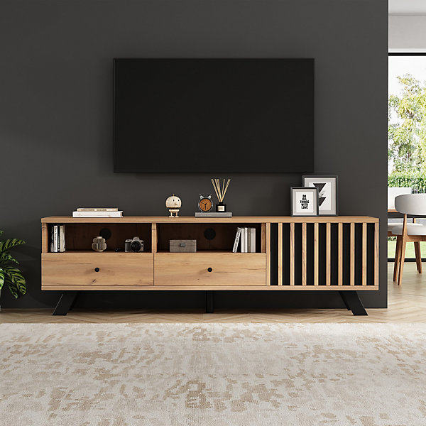 Meuble TV Bas Moderne avec 2 Tiroirs et 1 Porte, Meuble Multimédia en Panneau de Particules - 150x38x44 cm, Couleur du Bois